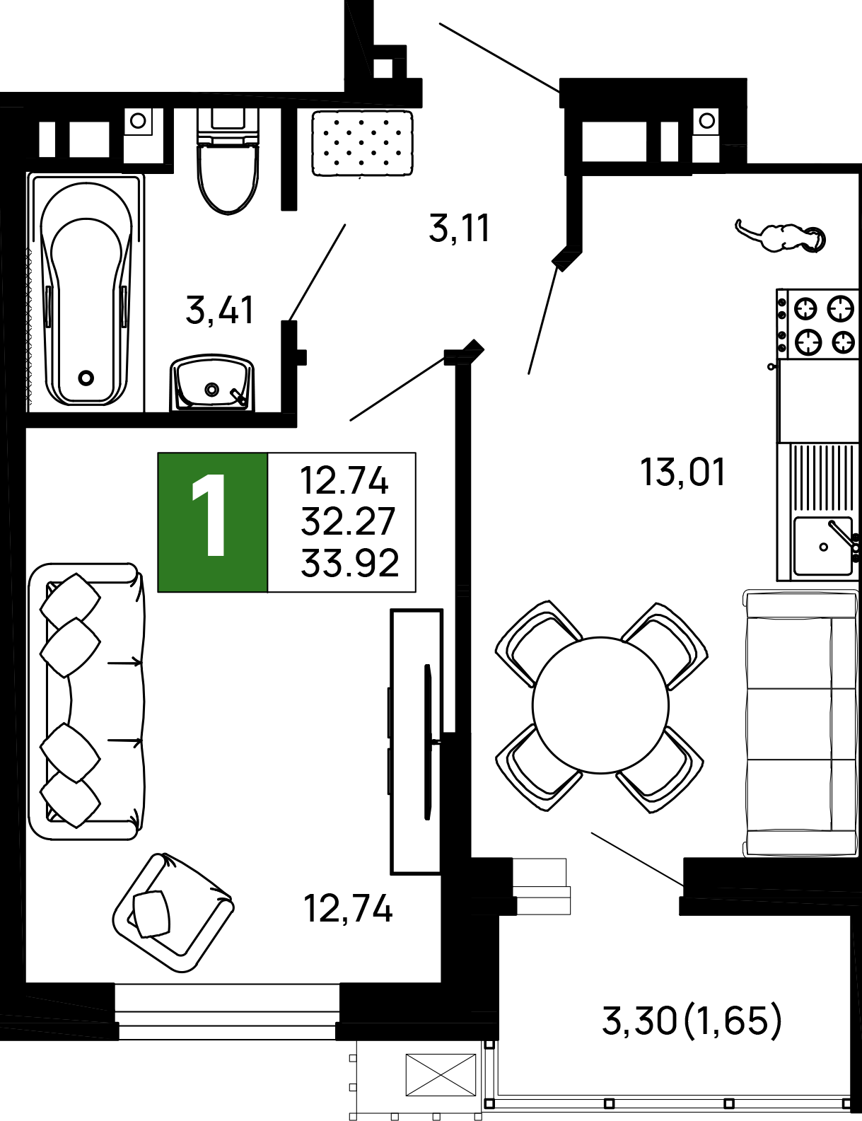 1-комнатная 33.92 м² — планировка ЖК «Долина»