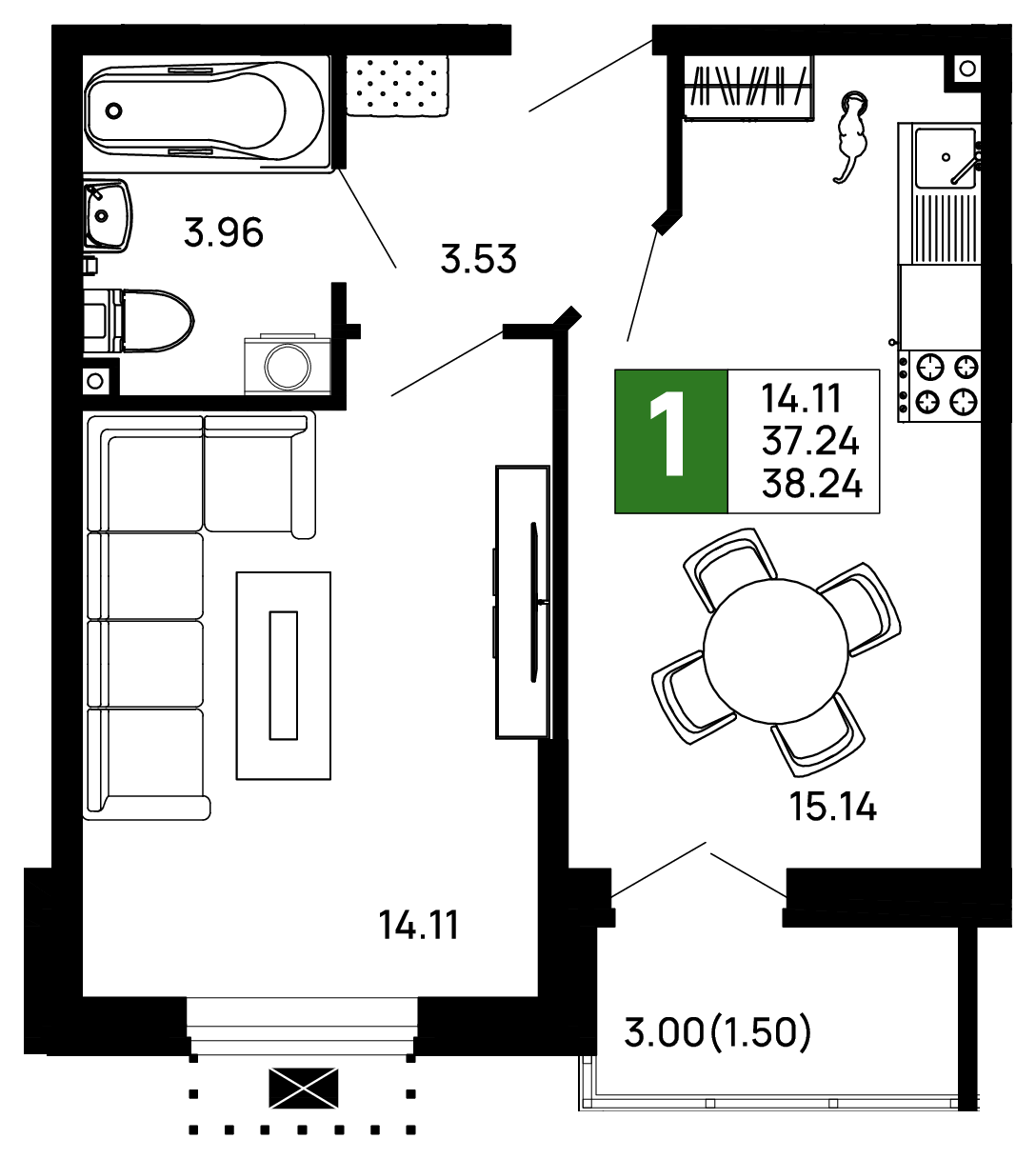 1-комнатная 38.24 м² — планировка ЖК «Долина»