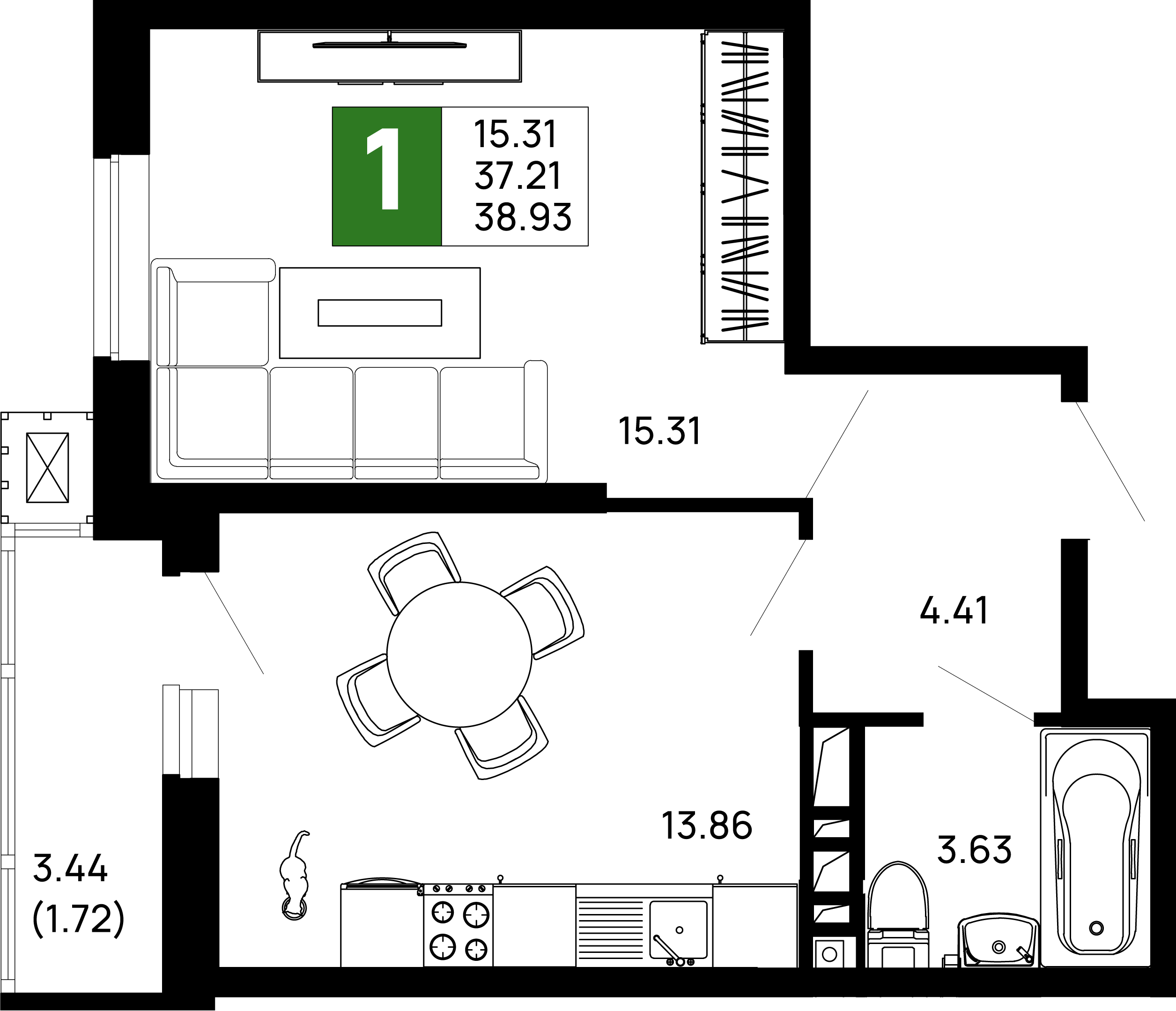 1-комнатная 38.93 м² — планировка ЖК «Долина»