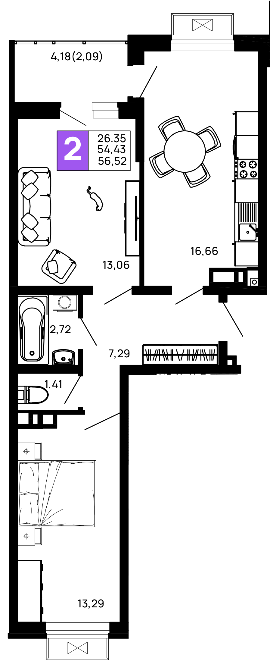 2-комнатная 56.52 м² — планировка ЖК «Долина»