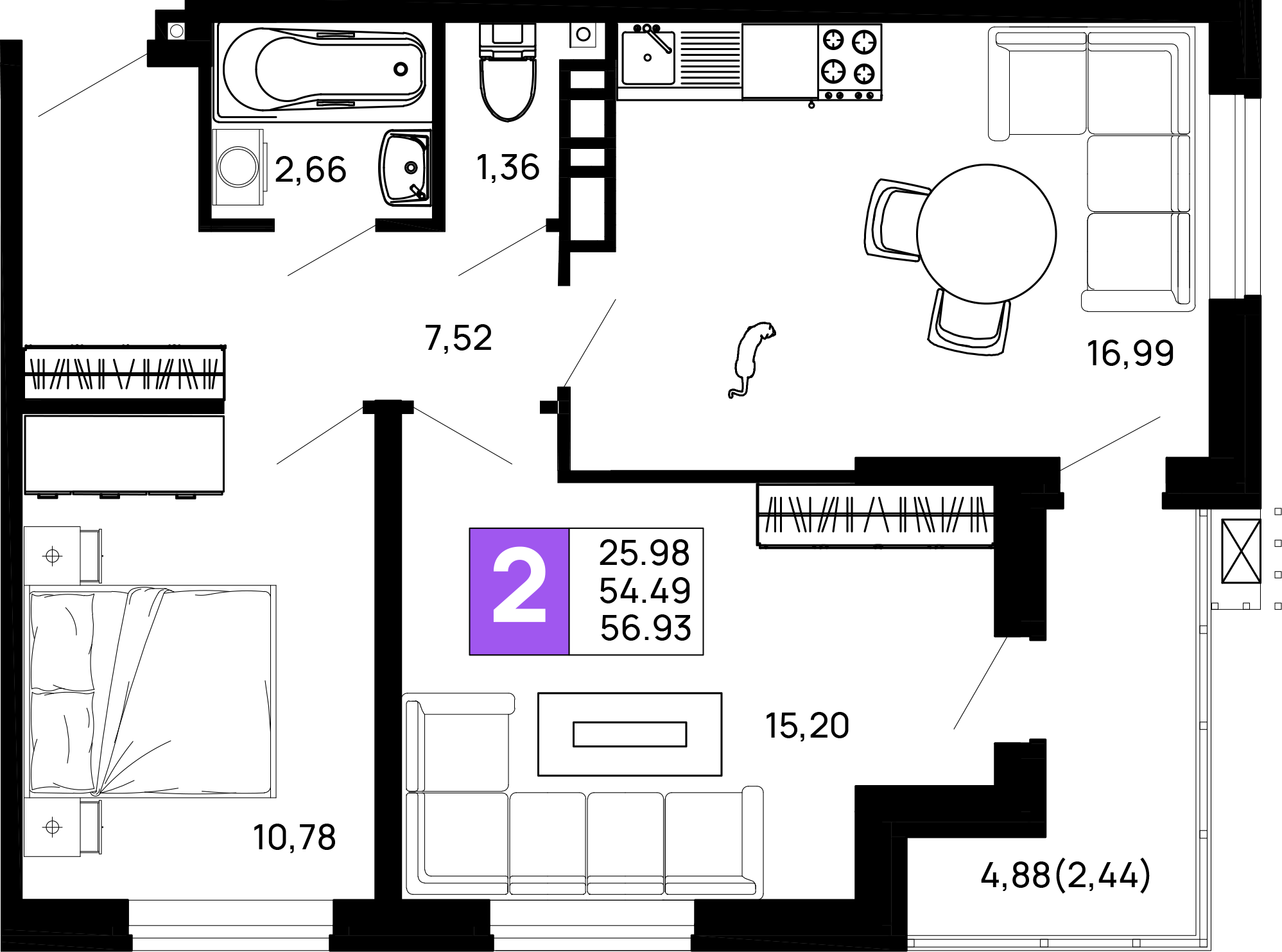 2-комнатная 56.93 м² — планировка ЖК «Долина»