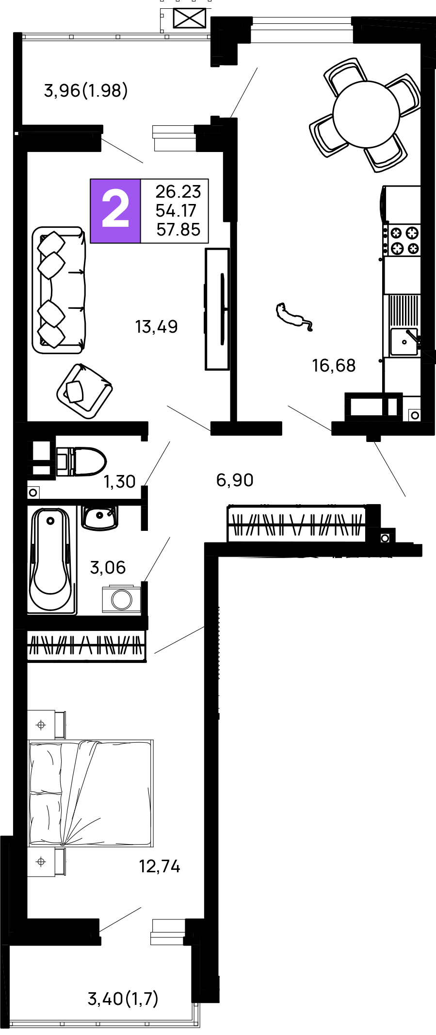 2-комнатная 57.85 м² — планировка ЖК «Долина»