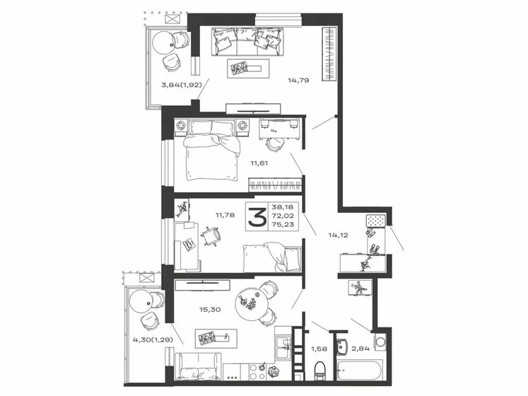 3-комнатная 75.23 м² — планировка ЖК «Долина»