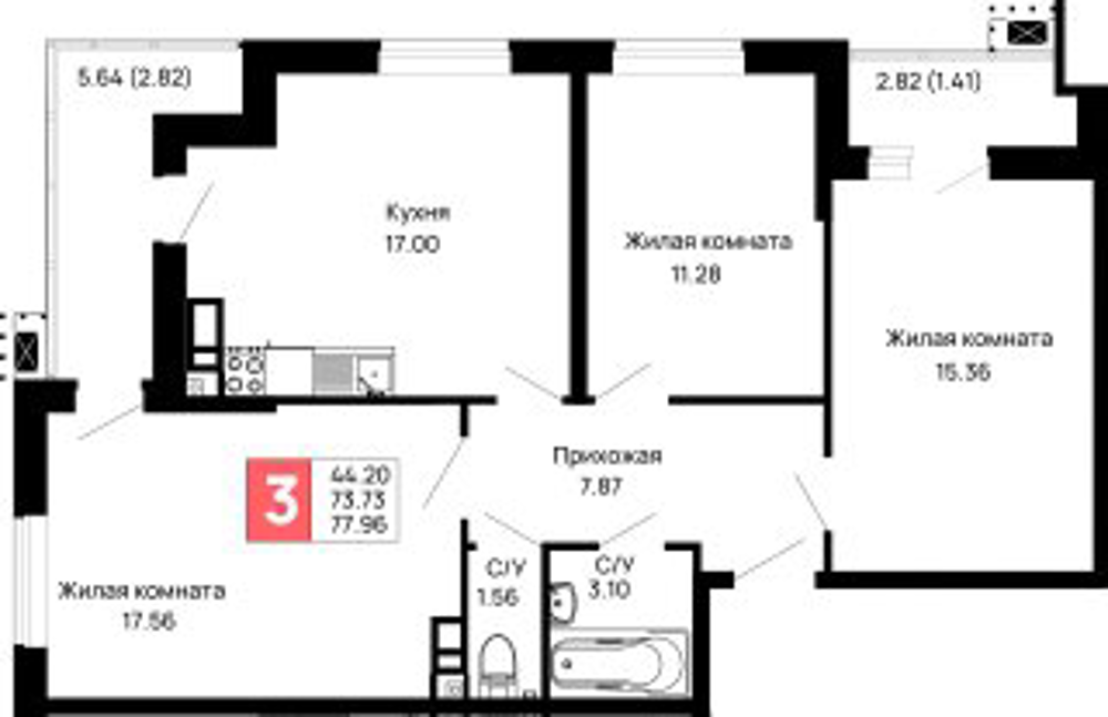 3-комнатная 77.96 м² — планировка ЖК «Долина»